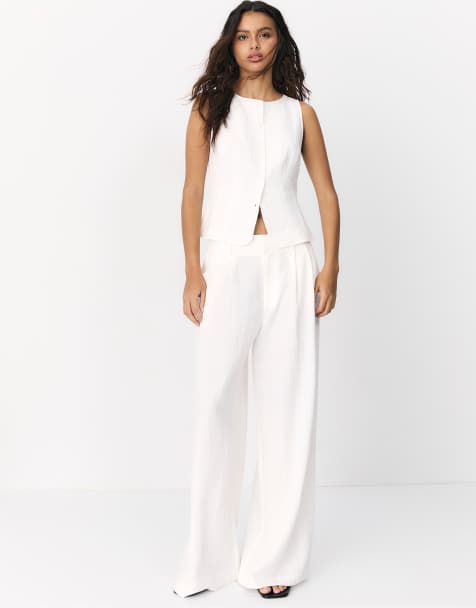 Stradivarius Tall rustic wide-leg trousers with adjustable buttons in ecru - view 1