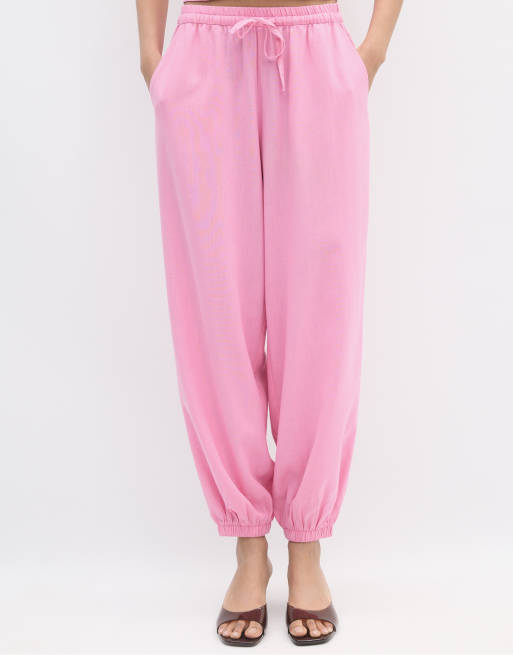 Stradivarius Tall sarouel-bukser med linnedlook i pastelrosa, 2 af 4