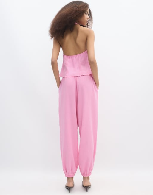 Stradivarius Tall sarouel-bukser med linnedlook i pastelrosa, 4 af 4