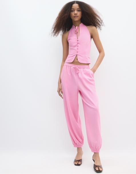 Stradivarius Tall Sarouel-Hose in Leinenoptik in Pastellrosa - view 1