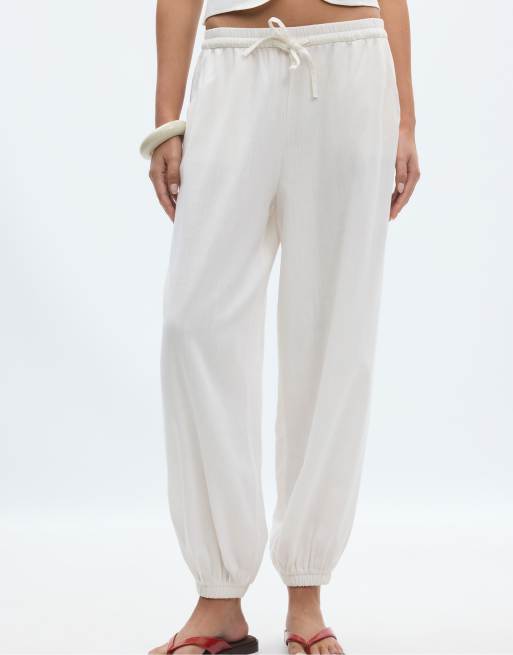 Stradivarius Tall – Sarouel-Hose in Weiß mit Leinenoptik, 2 von 4