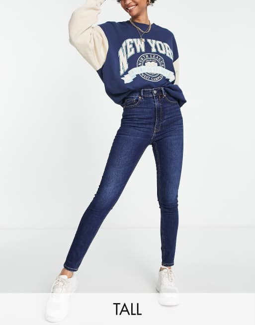 Stradivarius Tall – Skinny-Jeans in Mittelblau mit superhohem Bund