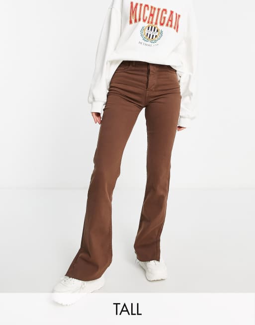 Stradivarius slim flare jean with split detail in brown