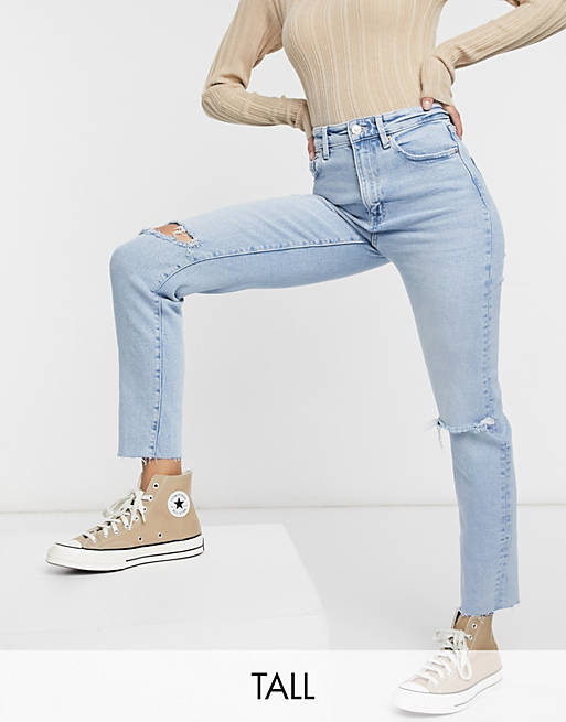 Stradivarius Tall slim mom jean with stretch and rip in light blue