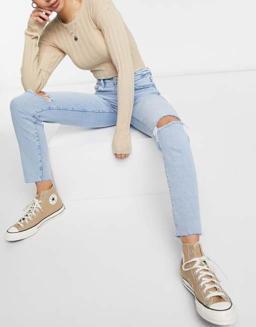 Stradivarius Tall slim mom jean with stretch and rip in light blue