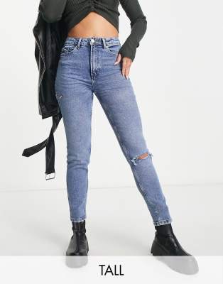 Stradivarius Tall slim mom jean with stretch and rip in medium blue | ASOS