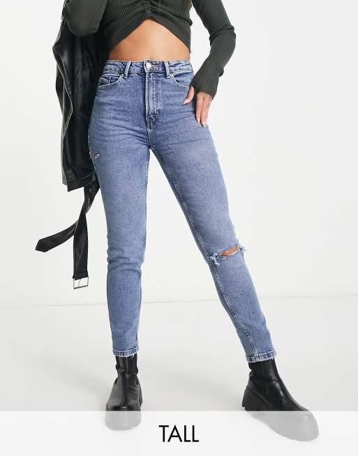 Stradivarius Tall slim mom jean with stretch and rip in medium blue