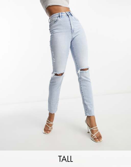 Stradivarius Tall slim mom jean with stretch and rip in vintage blue | ASOS