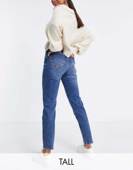 Stradivarius Tall slim mom jean with stretch in authentic blue | ASOS