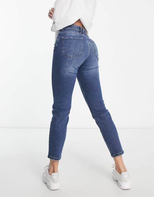 Stradivarius - Petite slim mom jean with stretch and rip in authentic blue  on Designer Wardrobe