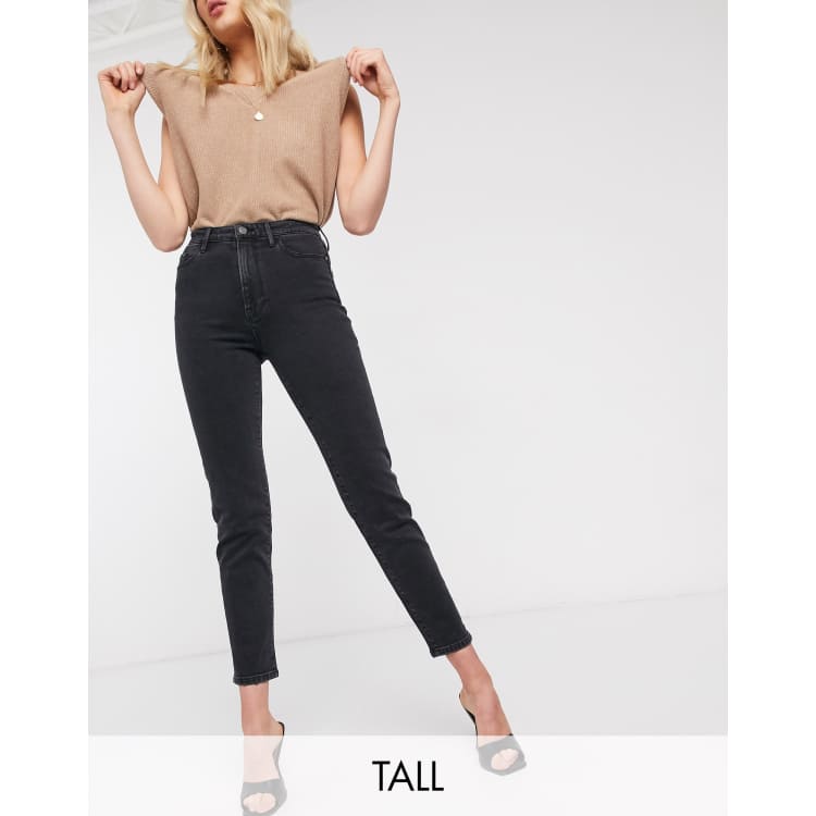 Stradivarius Petite slim mom jean with stretch and rip in washed black, ASOS