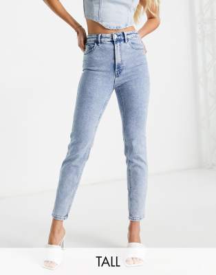 Stradivarius Tall slim mom jean with stretch in washed blue | ASOS