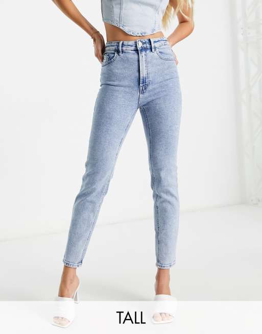 Stradivarius Tall slim mom jean with stretch in washed blue