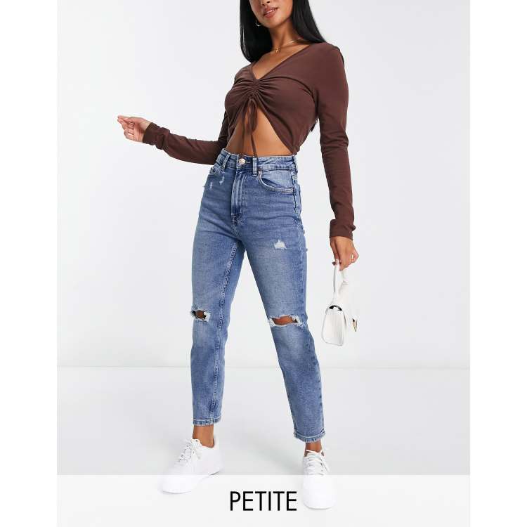 Stradivarius Petite slim mom jeans with stretch and rips in