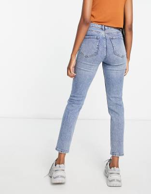 Stradivarius Tall Slim Mom Jeans With Stretch And Rip In Blues