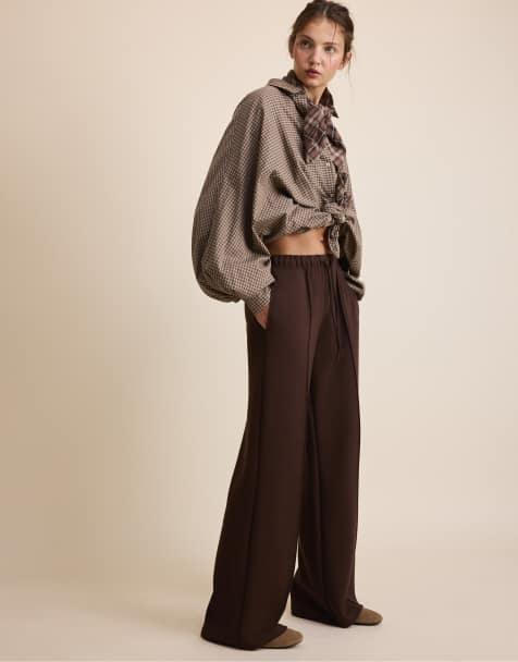 Stradivarius Tall soft-touch wide-leg jogger trousers with front seam detail in brown - view 1