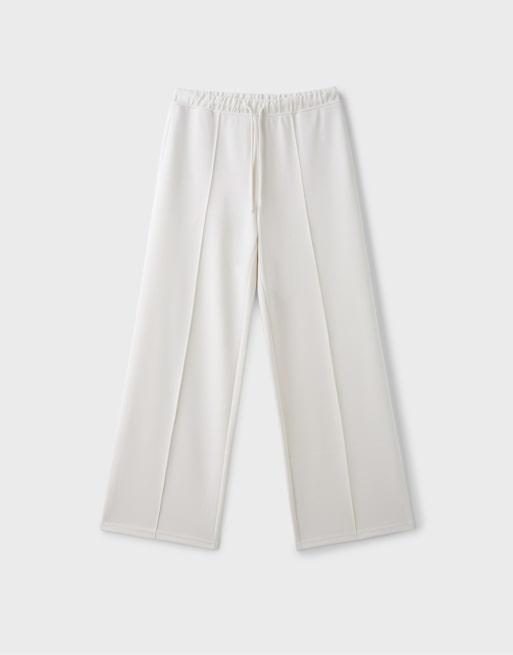 Stradivarius Tall soft-touch wide-leg jogger trousers with front seam detail in vanilla, 6 of 7