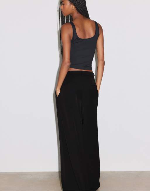 Stradivarius Tall - Sorte elegante bukser med vide ben og indsyninger, 3 af 4
