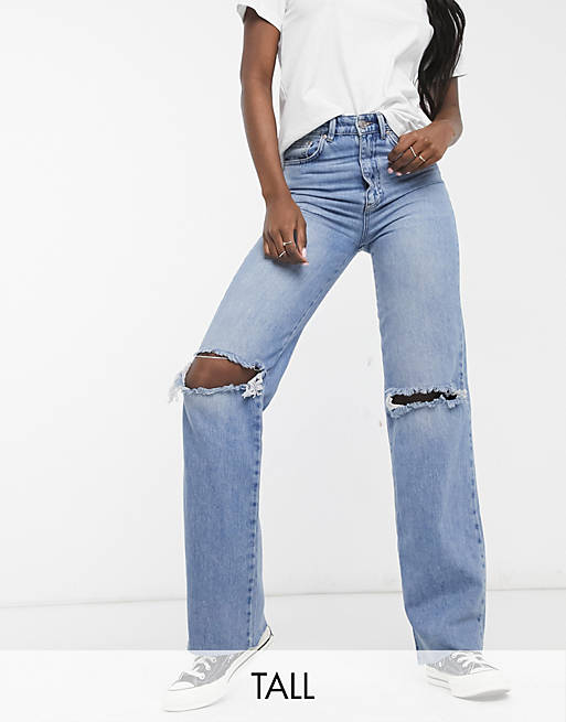 Stradivarius Tall straight leg 90s jeans with rips in blue | ASOS