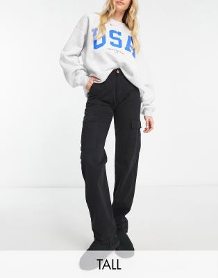 Stradivarius Stradivarius Tall straight leg cargo trouser in black