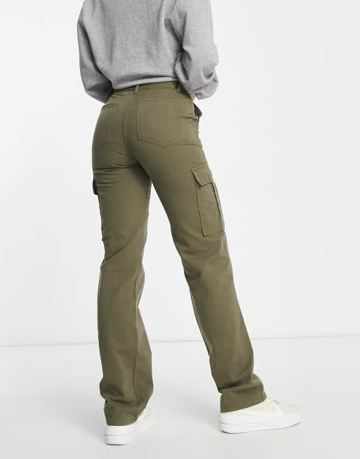 Stradivarius Petite straight leg cargo trouser in khaki