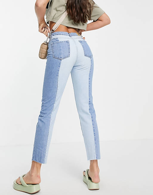 opvoeder architect Actie Stradivarius Tall straight leg contrast two tone jeans with raw hem in blue  | ASOS