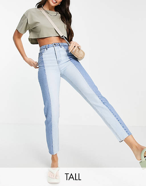 Stradivarius Tall straight leg contrast two tone jeans with raw hem in blue