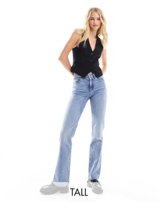 Stradivarius Petite dad jean with split hem detail in vintage blue