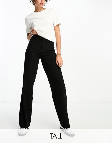 Stradivarius Petite Faux Leather Straight Leg Trouser in Black