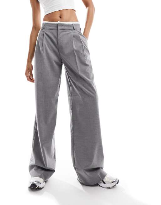 Contrast Waistband Tailored Wide Leg Pants