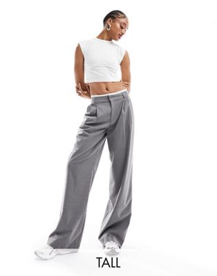 Stradivarius Tall tailored wide leg trouser with boxer waistband in grey  - ASOS Price Checker