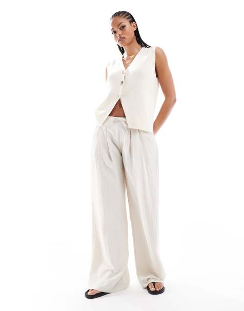 Stradivarius Tall wide leg crinkle tie waist pants in beige - view 1