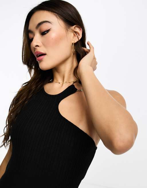 Stradivarius tank ribbed midi dress with ring detail in black , 3 of 4