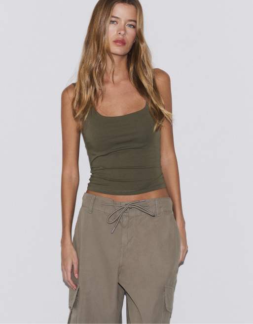 Stradivarius Tank top with a square-cut neckline in khaki, 2 of 7
