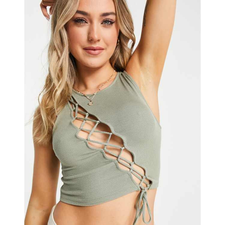 Tragisch Zich voorstellen Ronde Stradivarius tank top with lace up detail in khaki | ASOS