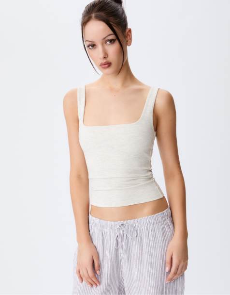 Stradivarius – Tanktop in meliertem Grau mit eckigem Ausschnitt - view 1