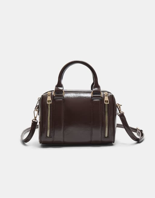 Stradivarius - Tas met ritsen en leereffect in bruin, 2 van 4