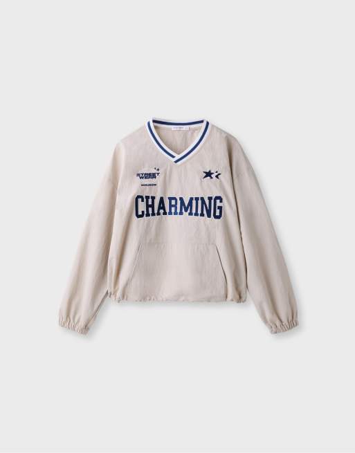 Stradivarius Technical v-neck sweatshirt in stone, 6 of 7