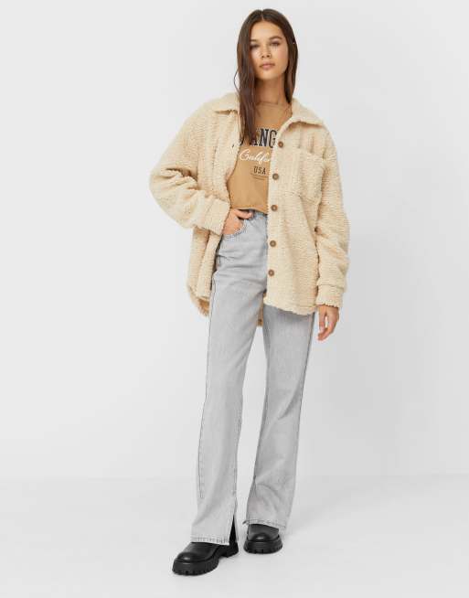 Stradivarius teddy overshirt shacket in beige