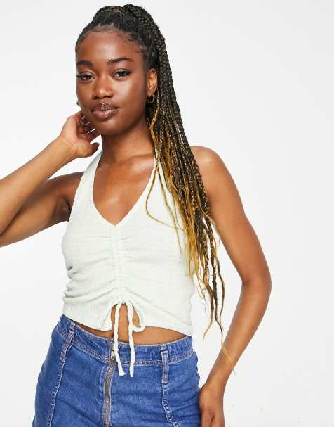 Stradivarius textured gathered halter top in sage - view 1