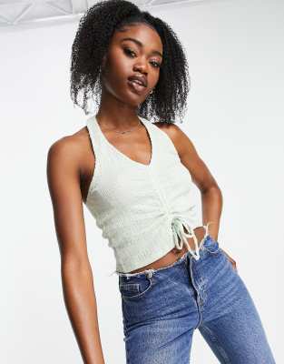 textured gathered halter top in sage-Green