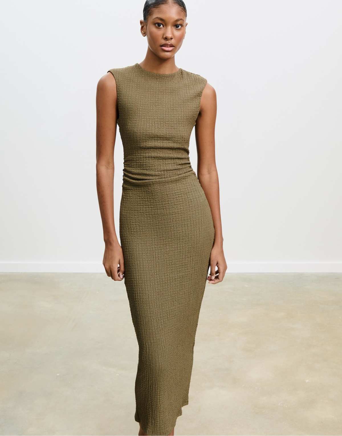 Stradivarius Textured gathered midi dress in khaki