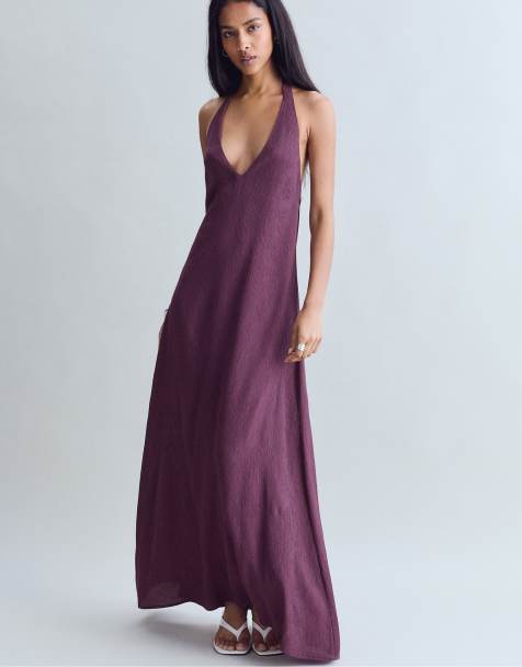 Stradivarius Textured halter midi dress in purple - view 1