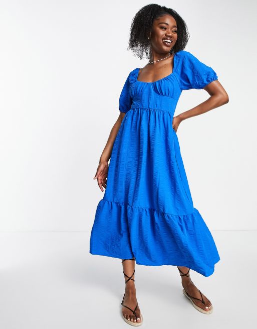 Stradivarius textured midi dress in blue | ASOS