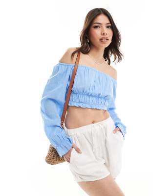 Stradivarius textured off shoulder top in blue