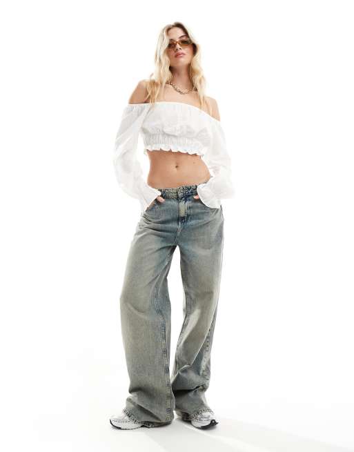 Stradivarius textured off shoulder top in white