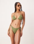 [Stradivarius] Stradivarius textured tie side bikini bottoms in khaki-Green XS KHAKI