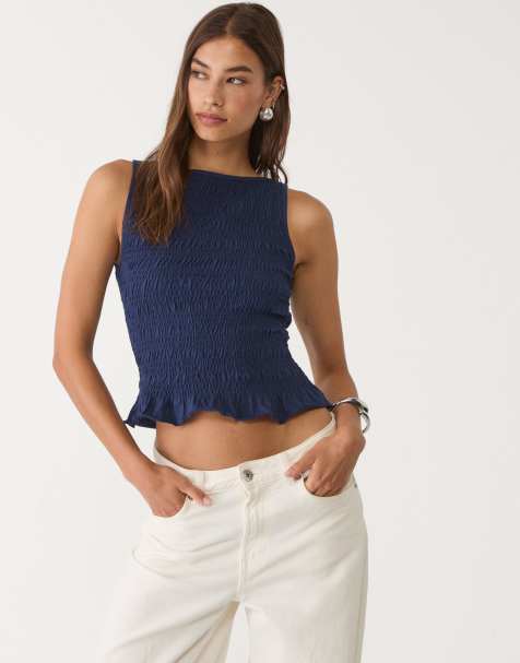 Stradivarius textured top in navy blue - view 1