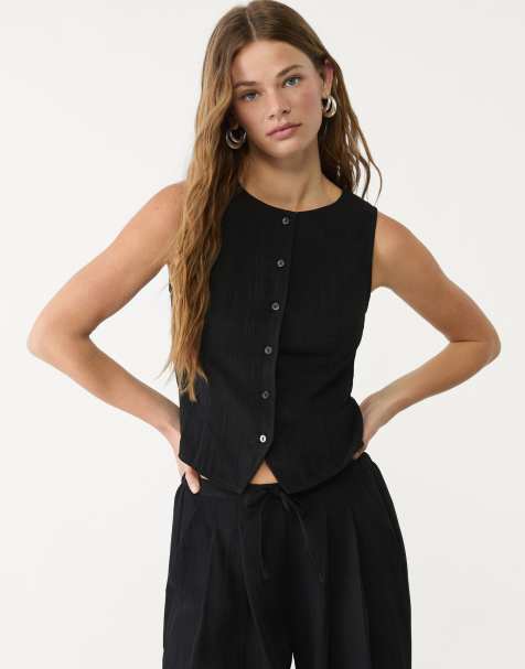 Stradivarius textured top with buttons in black - view 1