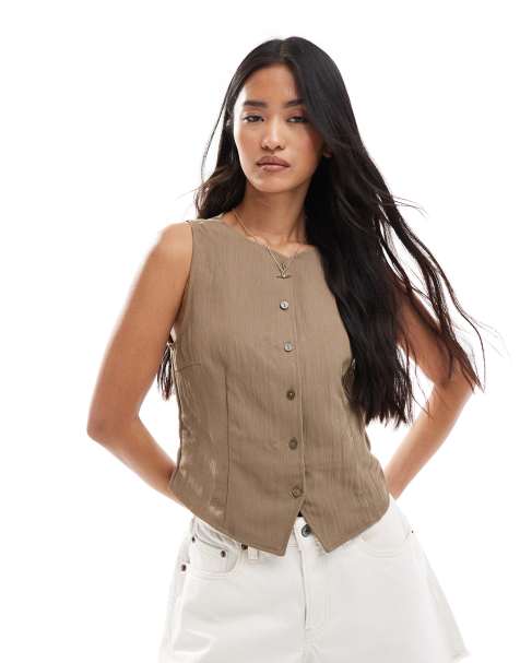 Stradivarius textured top with buttons in pale camel - view 1